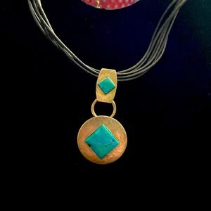 BAER SF Marjorie Baer Western Silvertone, Leather & Turquoise Necklace VGC